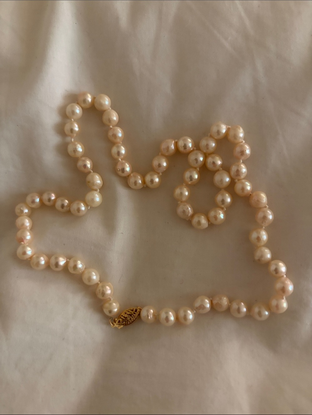 Vintage Pearl Necklace 14K Gold 585 Clasp Knotted 18” - NOS